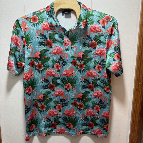 Yatta Golf Shirt Mens Size 2XL Pink Flamingo Floral All Over Print Polo - Picture 3 of 6